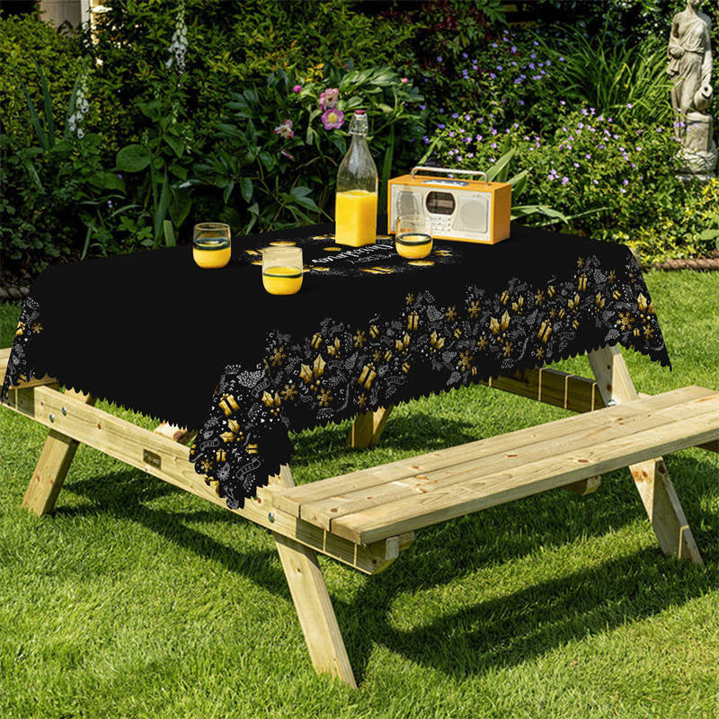 Aperturee - Gold Bauble Stars Gift Christmas Black Tablecloth