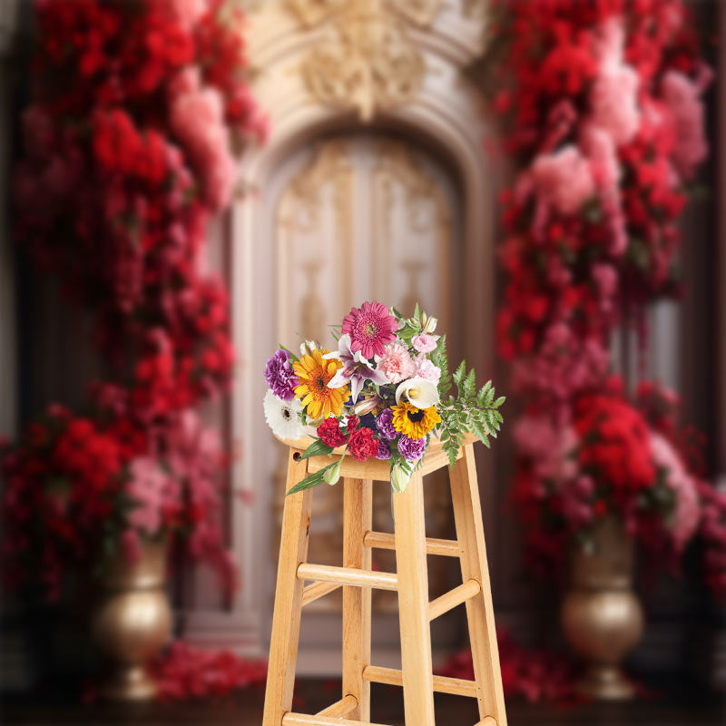 Aperturee - Gold Beige Luxury Door Red Rose Vase Photo Backdrop