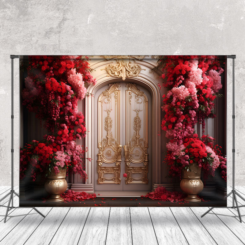 Aperturee - Gold Beige Luxury Door Red Rose Vase Photo Backdrop