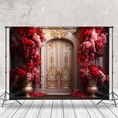 Aperturee - Gold Beige Luxury Door Red Rose Vase Photo Backdrop