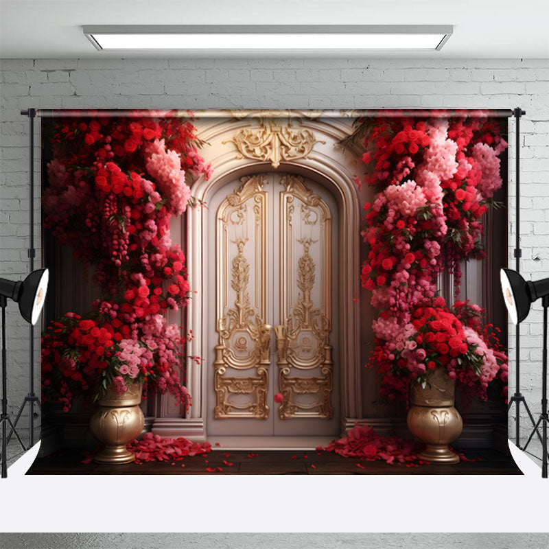 Aperturee - Gold Beige Luxury Door Red Rose Vase Photo Backdrop