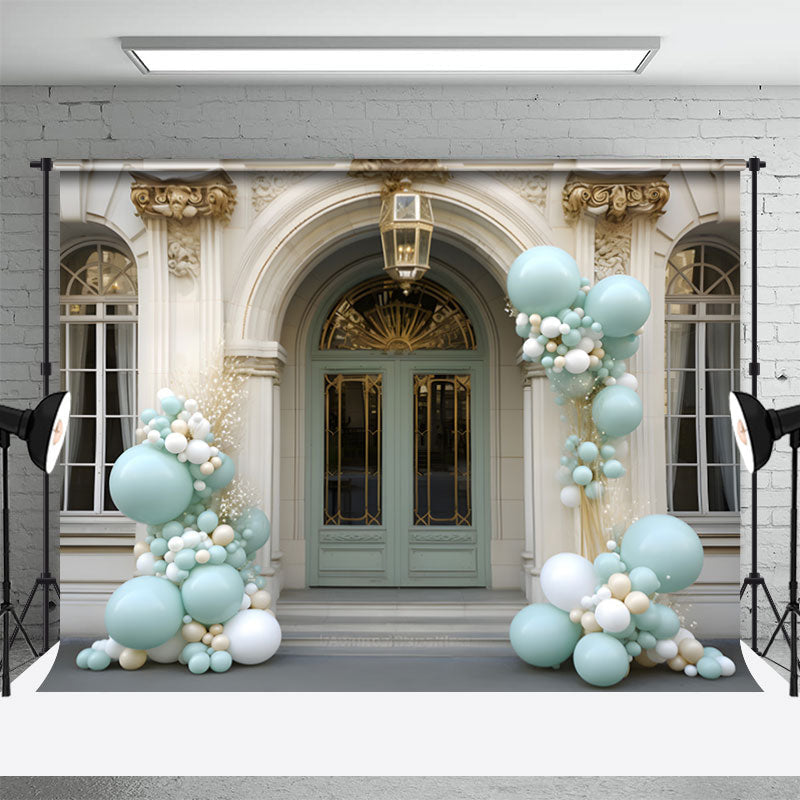 Aperturee - Gold Beige Royal Arch Door Blue Balloon Backdrop