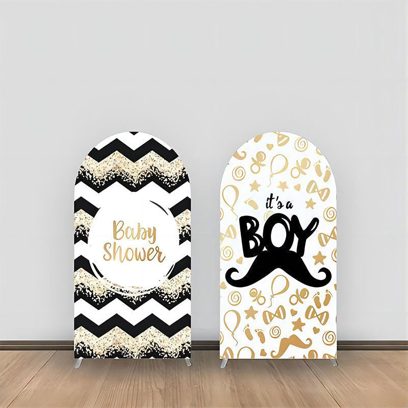 Aperturee - Gold Black Wavy Stripe Boy Baby Shower Arch Backdrop