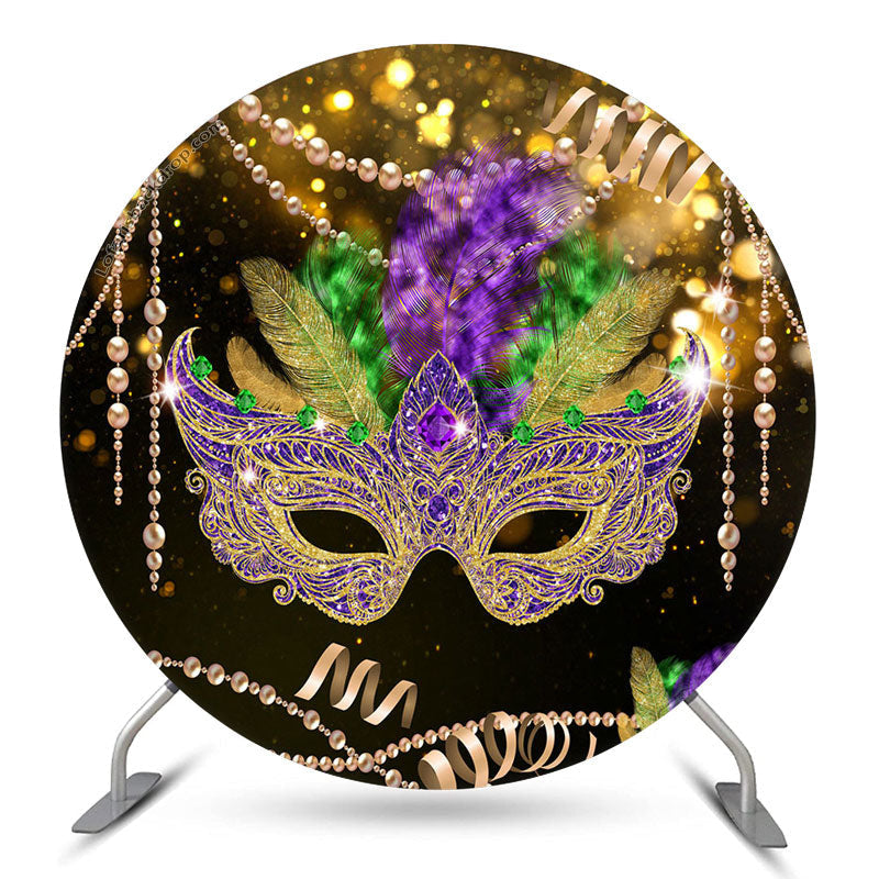 Aperturee Gold Bokeh Feather Masked Ball Round Party Backdrop