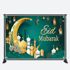 Aperturee - Gold Crescent Green Pattern Eid Mubarak Backdrop