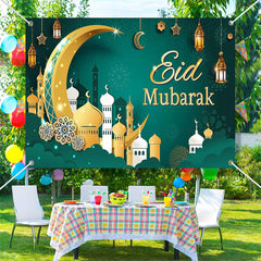 Aperturee - Gold Crescent Green Pattern Eid Mubarak Backdrop