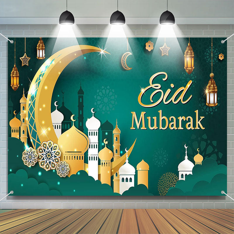 Aperturee - Gold Crescent Green Pattern Eid Mubarak Backdrop