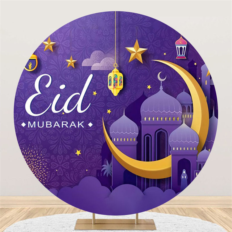 Aperturee - Gold Crescent Purple Star Round Eid Mubarak Backdrop