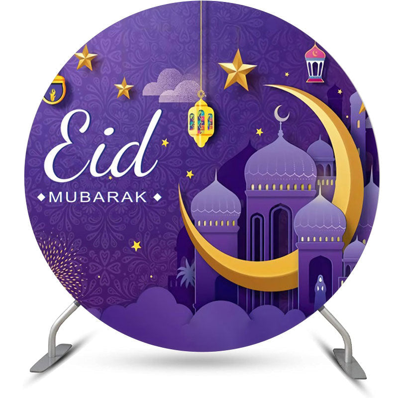 Aperturee - Gold Crescent Purple Star Round Eid Mubarak Backdrop