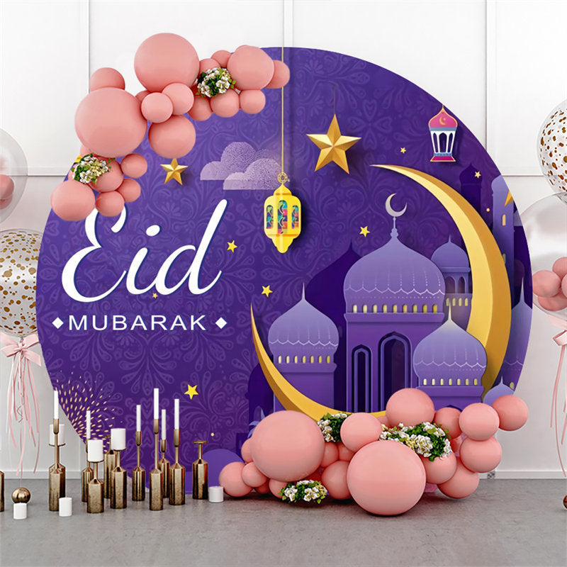 Aperturee - Gold Crescent Purple Star Round Eid Mubarak Backdrop