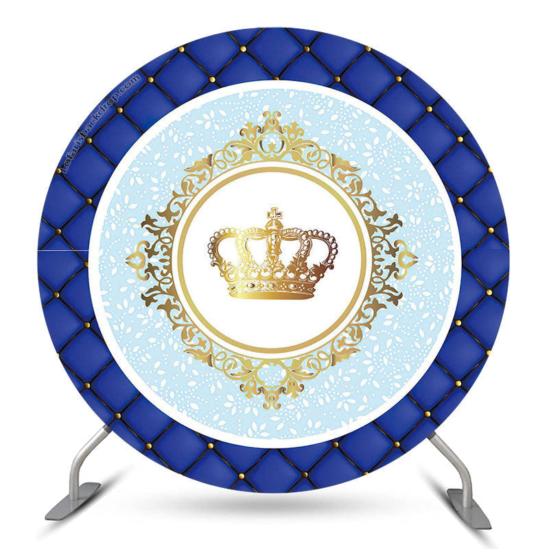 Aperturee Gold Crown Blue Birthday Party Round Backdrop Cover