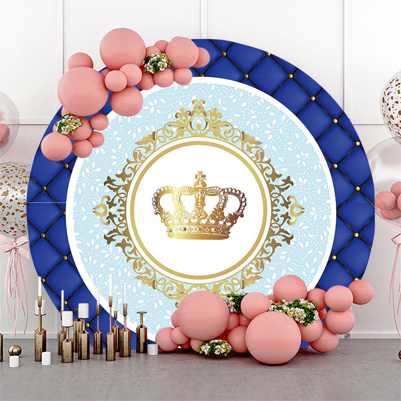 Aperturee Gold Crown Blue Birthday Party Round Backdrop Cover