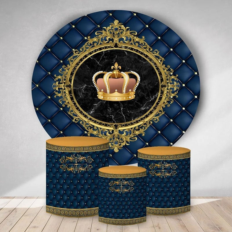 Aperturee Gold Crown Dark Blue Round Boys Birthday Backdrop Kit