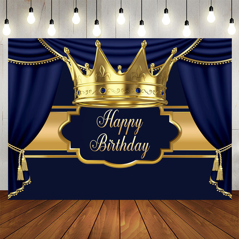 Aperturee - Gold Crown Navy Blue Happy Birthday Party Backdrop