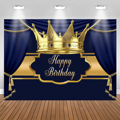 Aperturee - Gold Crown Navy Blue Happy Birthday Party Backdrop