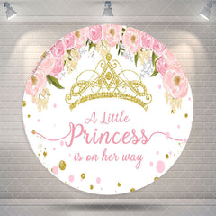 Aperturee Gold Crown Pink Floral Round Girl Baby Shower Backdrop