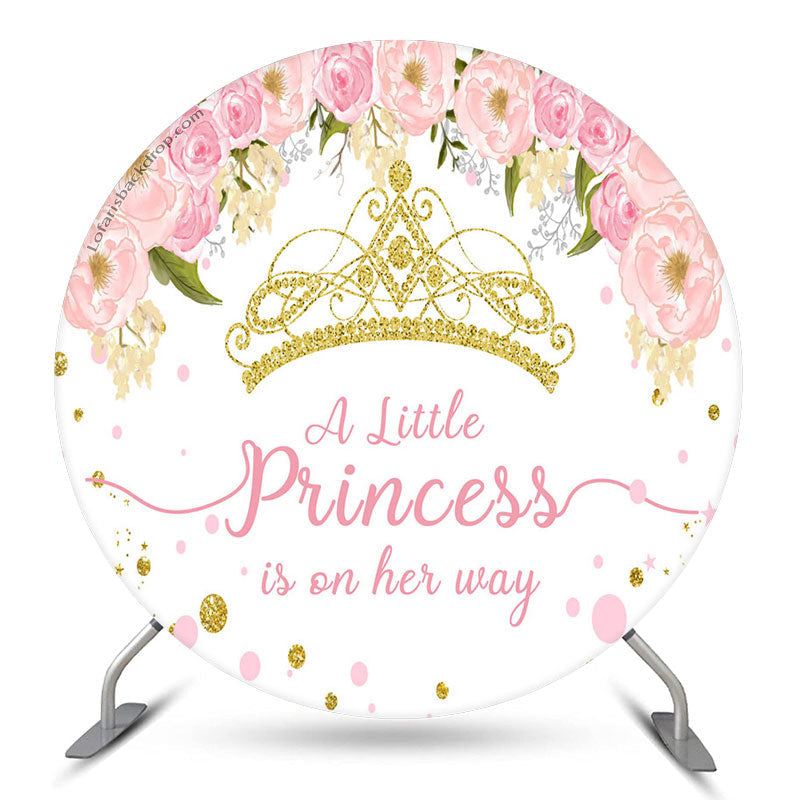 Aperturee Gold Crown Pink Floral Round Girl Baby Shower Backdrop