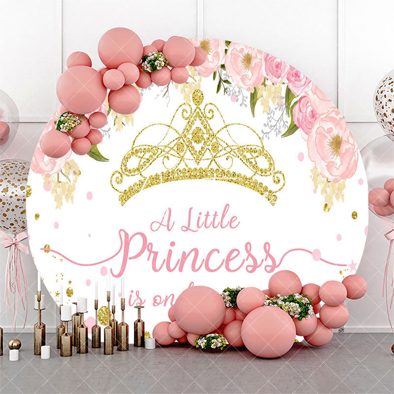 Aperturee Gold Crown Pink Floral Round Girl Baby Shower Backdrop