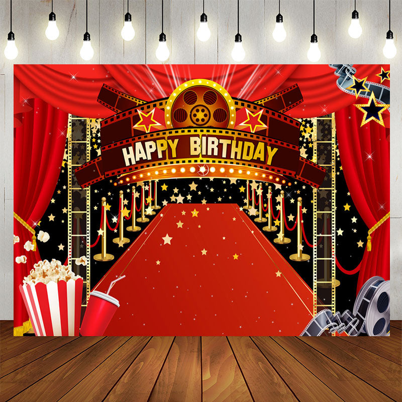 Aperturee - Gold Five-pointed Star Red Carpet Birthday Backdrop