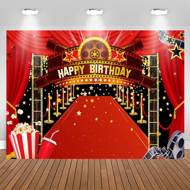 Aperturee - Gold Five-pointed Star Red Carpet Birthday Backdrop