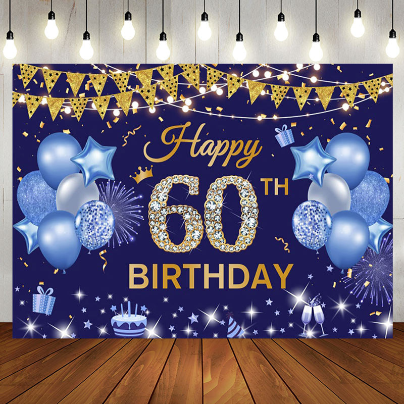 Aperturee - Gold Flags Blue Happy 60th Birthday Backdrop