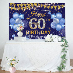 Aperturee - Gold Flags Blue Happy 60th Birthday Backdrop