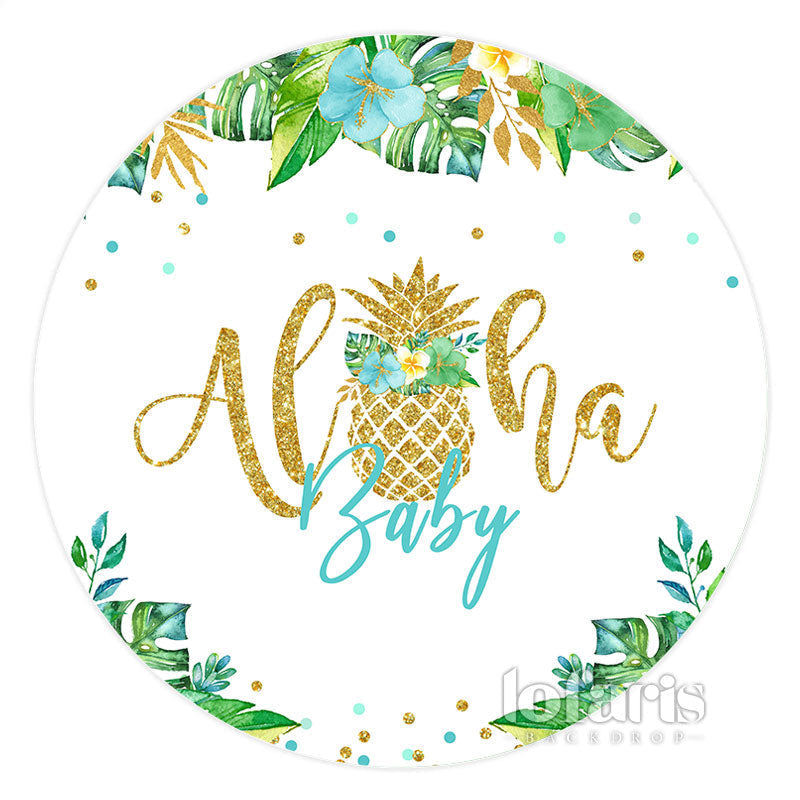 Aperturee Gold Glitter Alha Green Leaves Round Baby Shower Backdrop