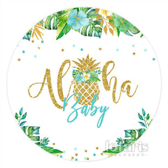 Aperturee Gold Glitter Alha Green Leaves Round Baby Shower Backdrop