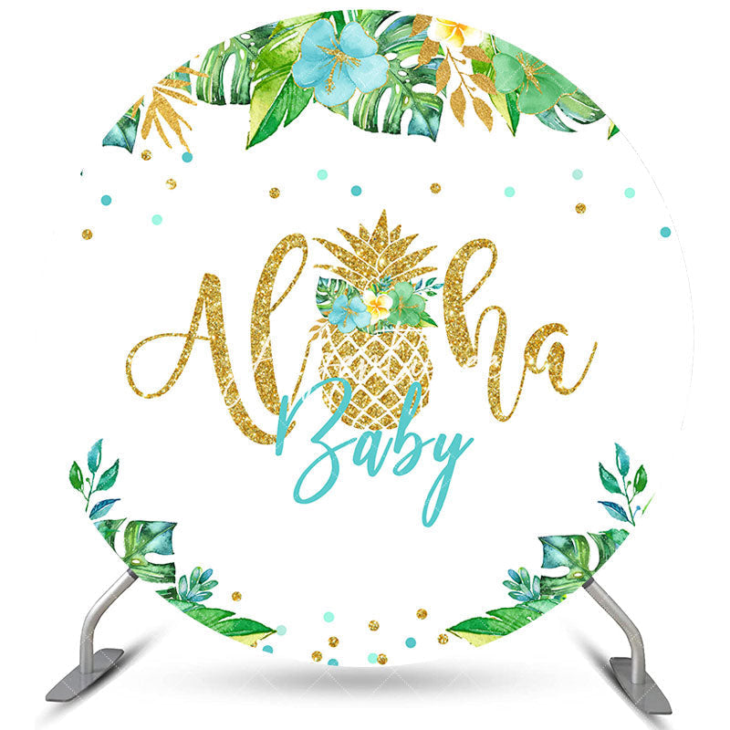 Aperturee Gold Glitter Alha Green Leaves Round Baby Shower Backdrop