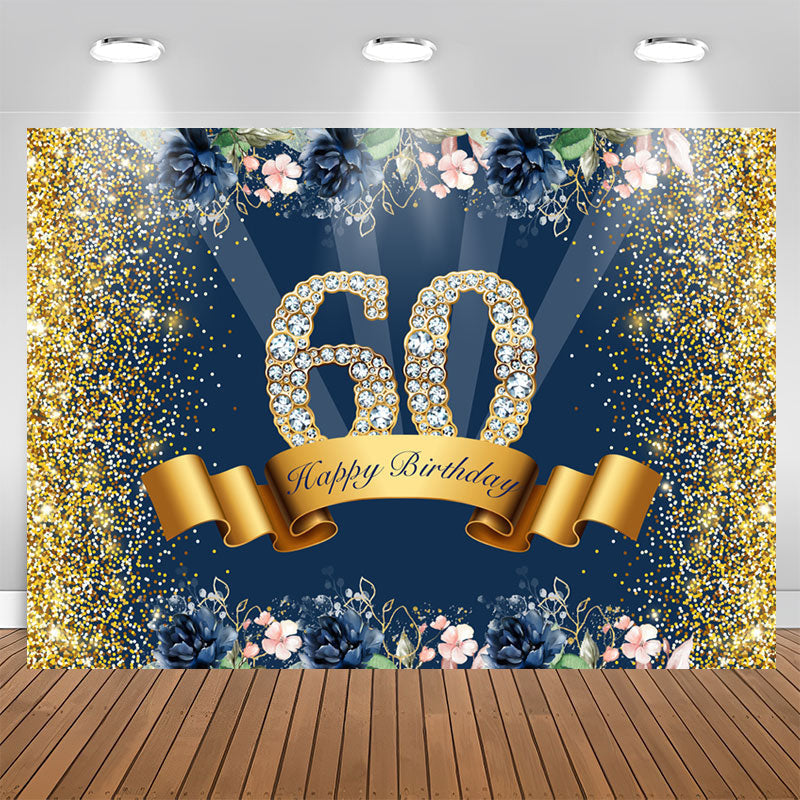 Aperturee - Gold Glitter And Flowers Happy 60th Birthday Backdrop