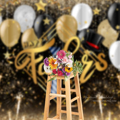 Aperturee - Gold Glitter Balloons Black Fathers Day Photo Backdrop