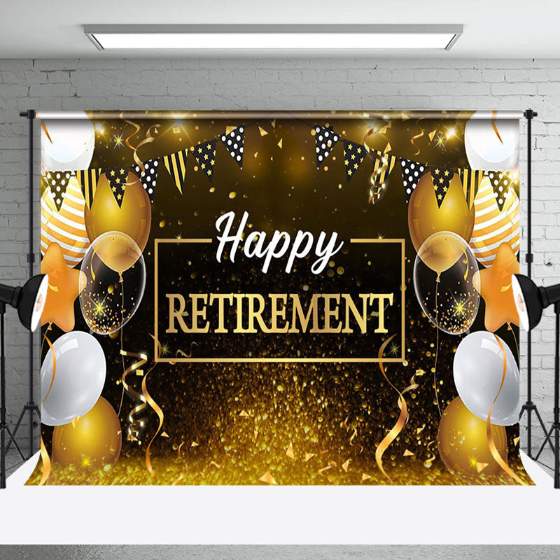 Aperturee - Gold Glitter Balloons Flag Happy Retirement Backdrop