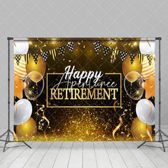 Aperturee - Gold Glitter Balloons Flag Happy Retirement Backdrop