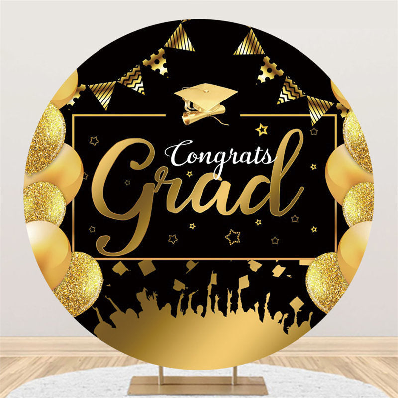 Aperturee Gold Glitter Balloons Round Black Congrats Grad Backdrop