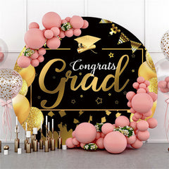 Aperturee Gold Glitter Balloons Round Black Congrats Grad Backdrop