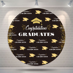 Aperturee Gold Glitter Black Round Congrats Grad Backdrop