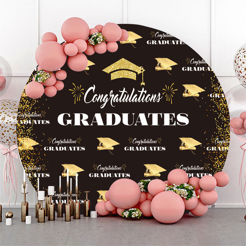 Aperturee Gold Glitter Black Round Congrats Grad Backdrop