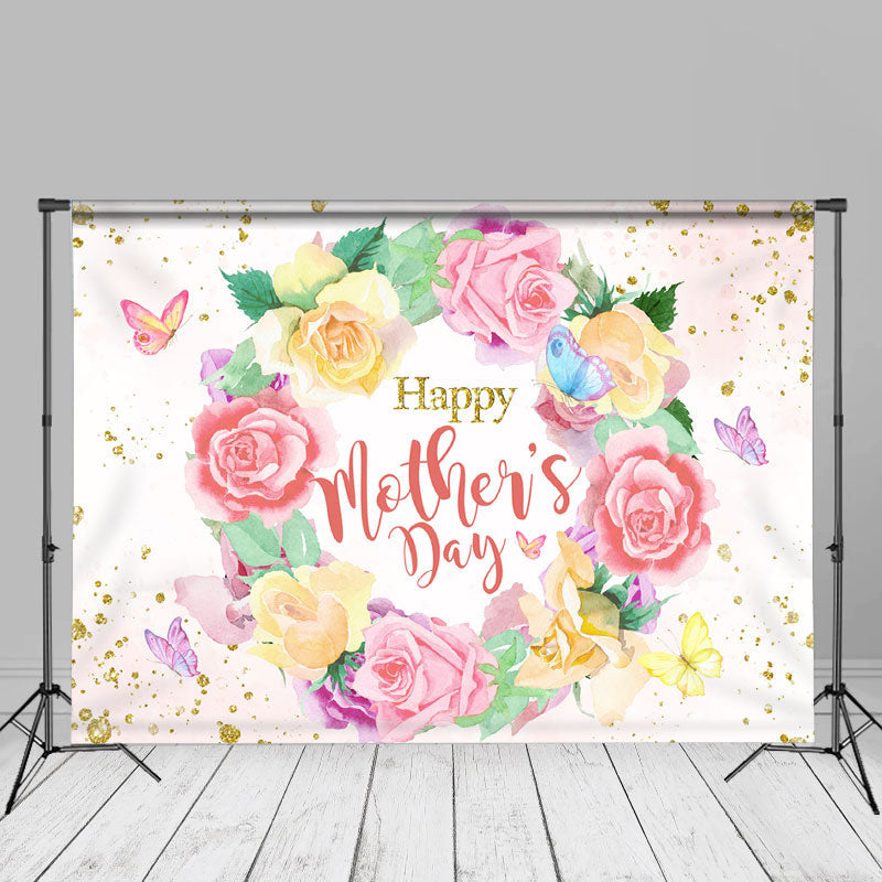 Aperturee - Gold Glitter Butterfly Floral Mothers Day Photo Backdrop