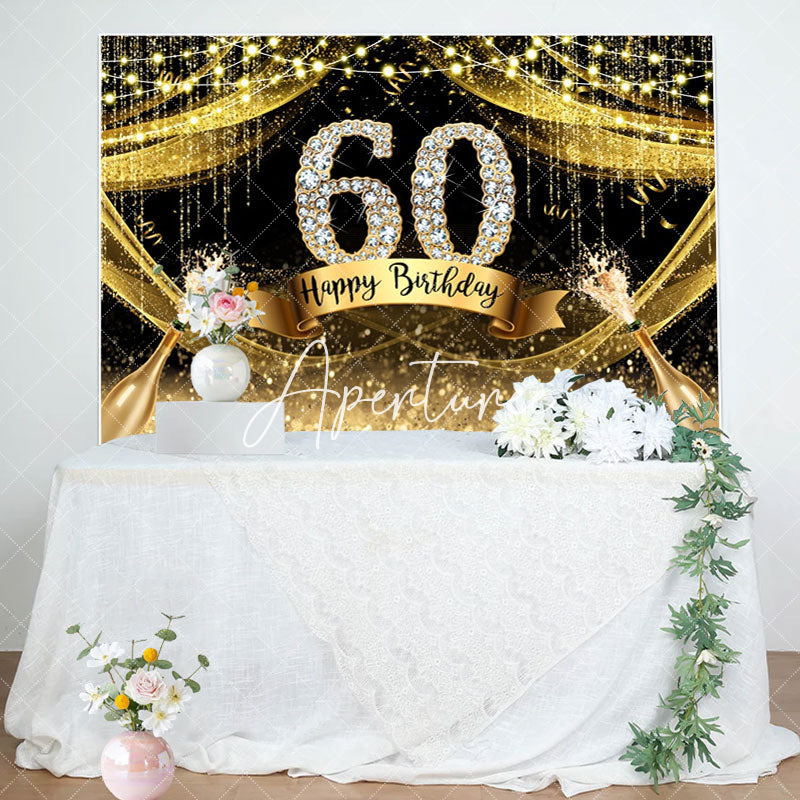 Aperturee - Gold Glitter Diamond Champagne 60th Birthday Backdrop