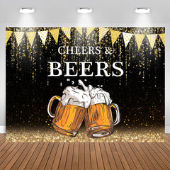 Aperturee - Gold Glitter Flags Black Cheers Beers Birthday Backdrop