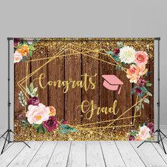 Aperturee - Gold Glitter Floral Wood Graduation Backdrop For Photo