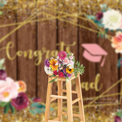 Aperturee - Gold Glitter Floral Wood Graduation Backdrop For Photo