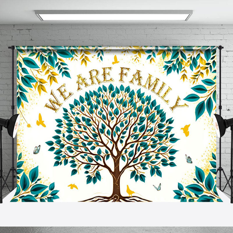 Aperturee - Gold Glitter Green Leaves Tree Family Reunion Backdrop