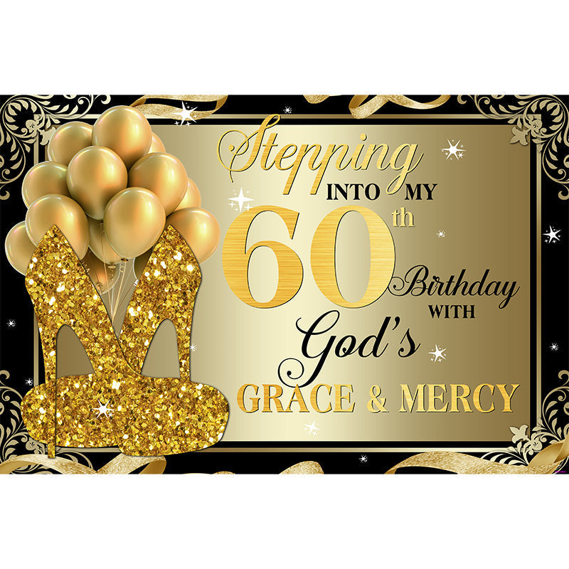 Aperturee - Gold Glitter Heels And Balloons 60th Birthday Backdrop