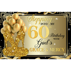 Aperturee - Gold Glitter Heels And Balloons 60th Birthday Backdrop