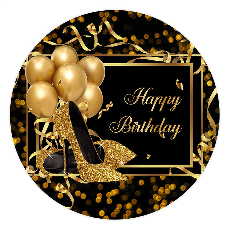 Aperturee Gold Glitter Heels And Balloons Round Birthday Backdrop