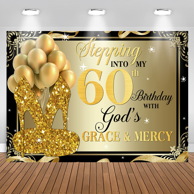 Aperturee - Gold Glitter Heels And Balloons 60th Birthday Backdrop