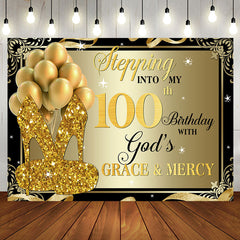 Aperturee - Gold Glitter Heels Stepping into 100th Birthday Backdrop