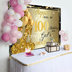 Aperturee - Gold Glitter Heels Stepping into 100th Birthday Backdrop