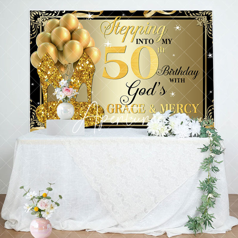 Aperturee - Gold Glitter Heels Stepping into 50th Birthday Backdrop